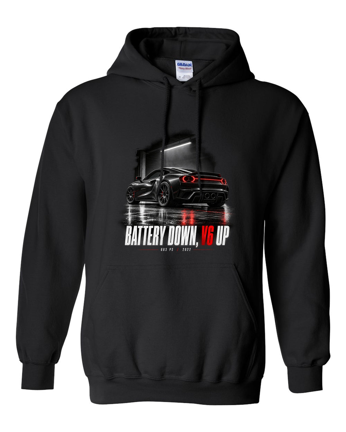 Garage night print of a Ferrari 296 GTB with the text Battery Down, V6 Up, 663 PS, 2022 black pull over hoodie front view with the design