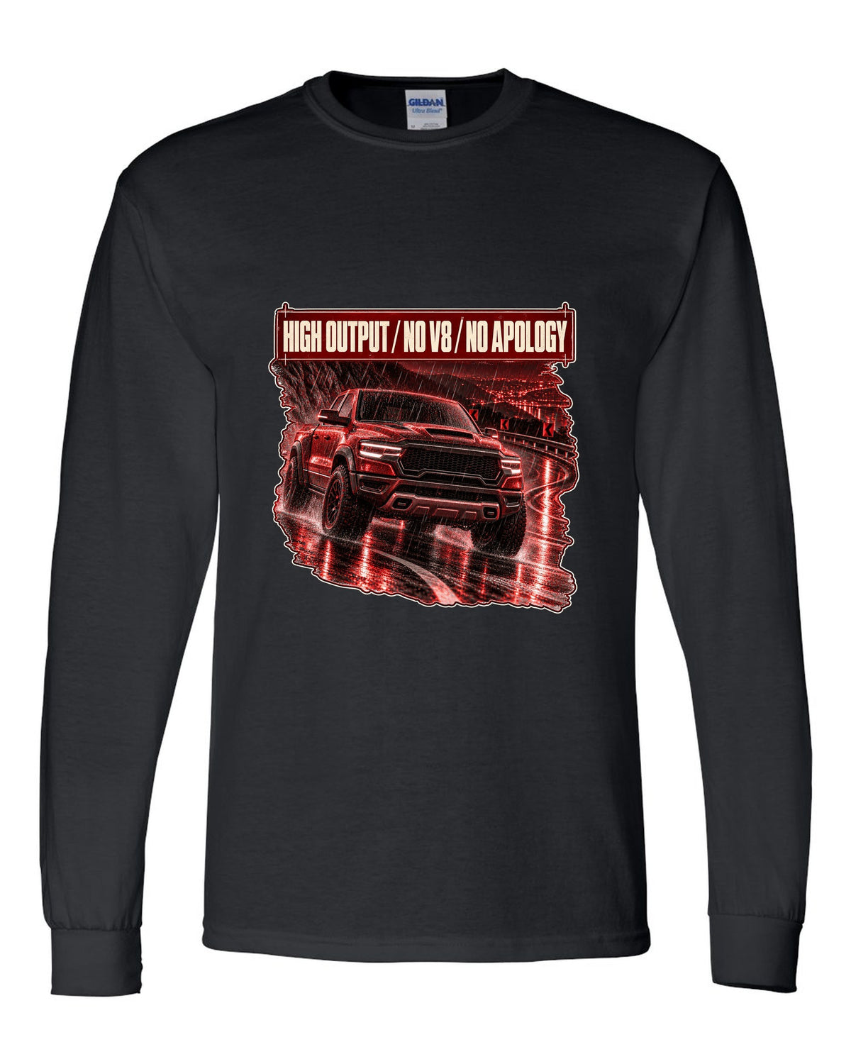 Ram 1500 RHO 2025 night street poster print black long sleeve front view with the design