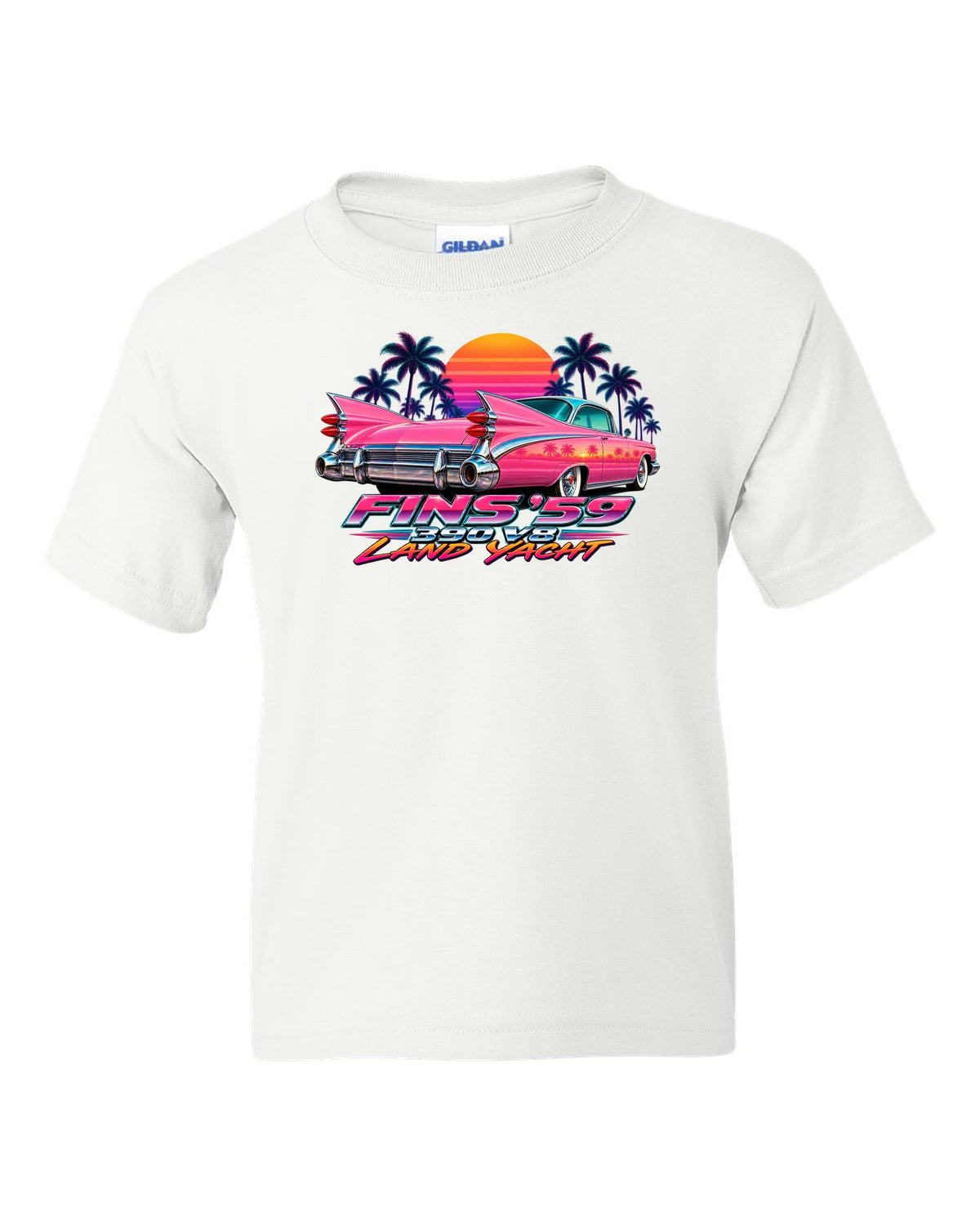 1959 Cadillac Series 62 Coupe de Ville rear fins against an airbrush retro sunset white kids tee front view with the design
