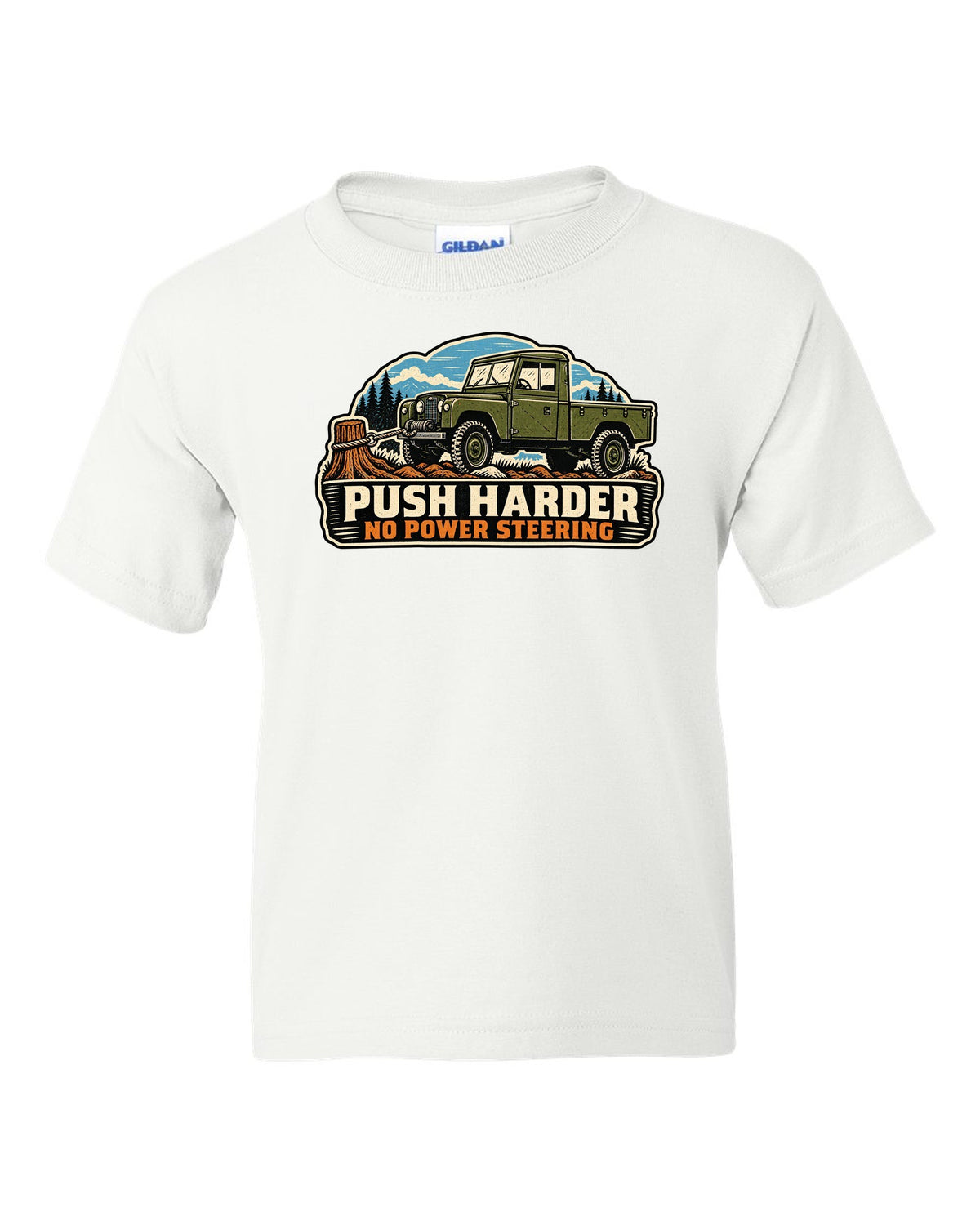 Linocut print of a Dodge Power Wagon WM300 flat fender winching with no power steering text white kids tee front view with the design