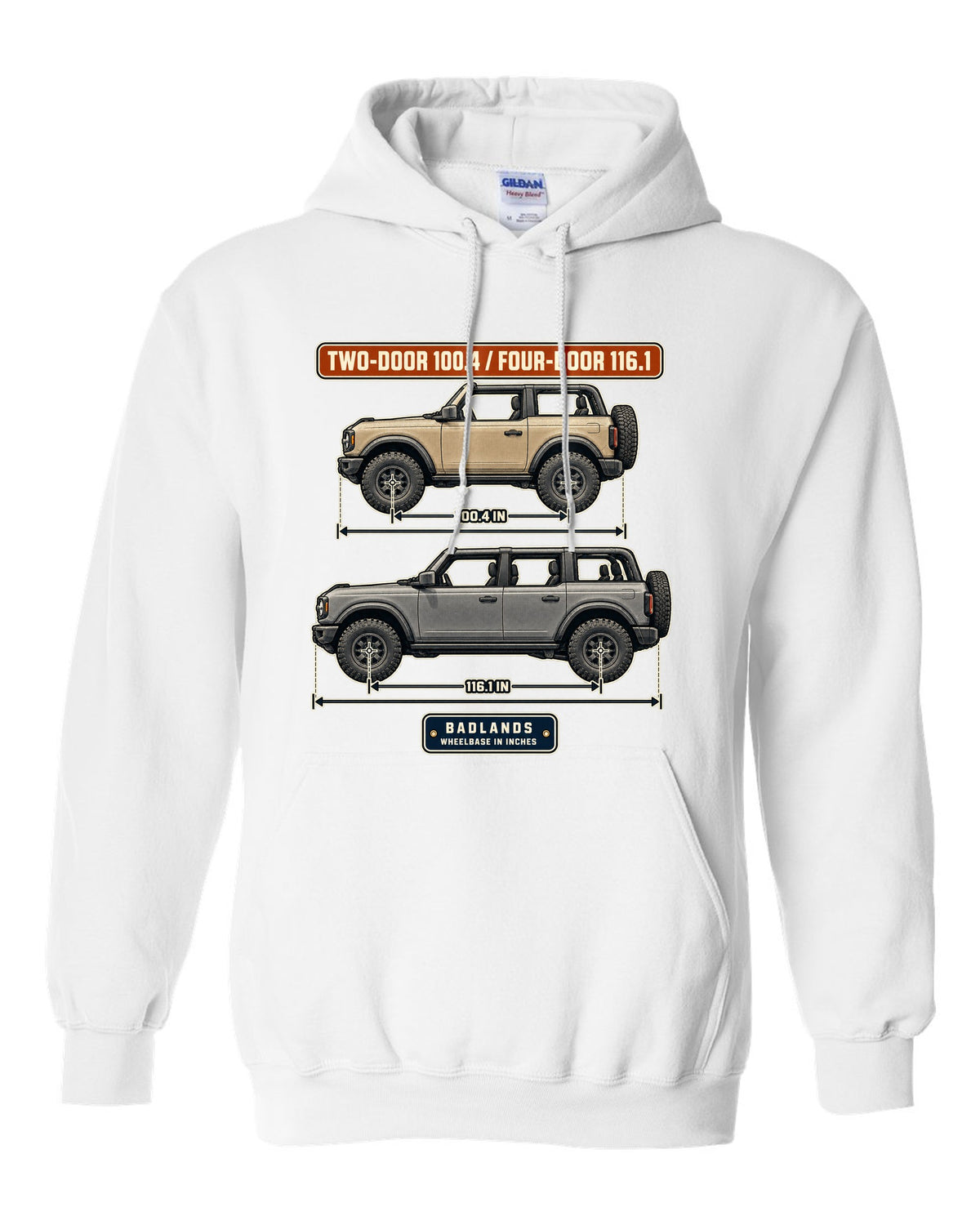 Ford Bronco Badlands two-door and four-door wheelbase blueprint print white pull over hoodie front view with the design