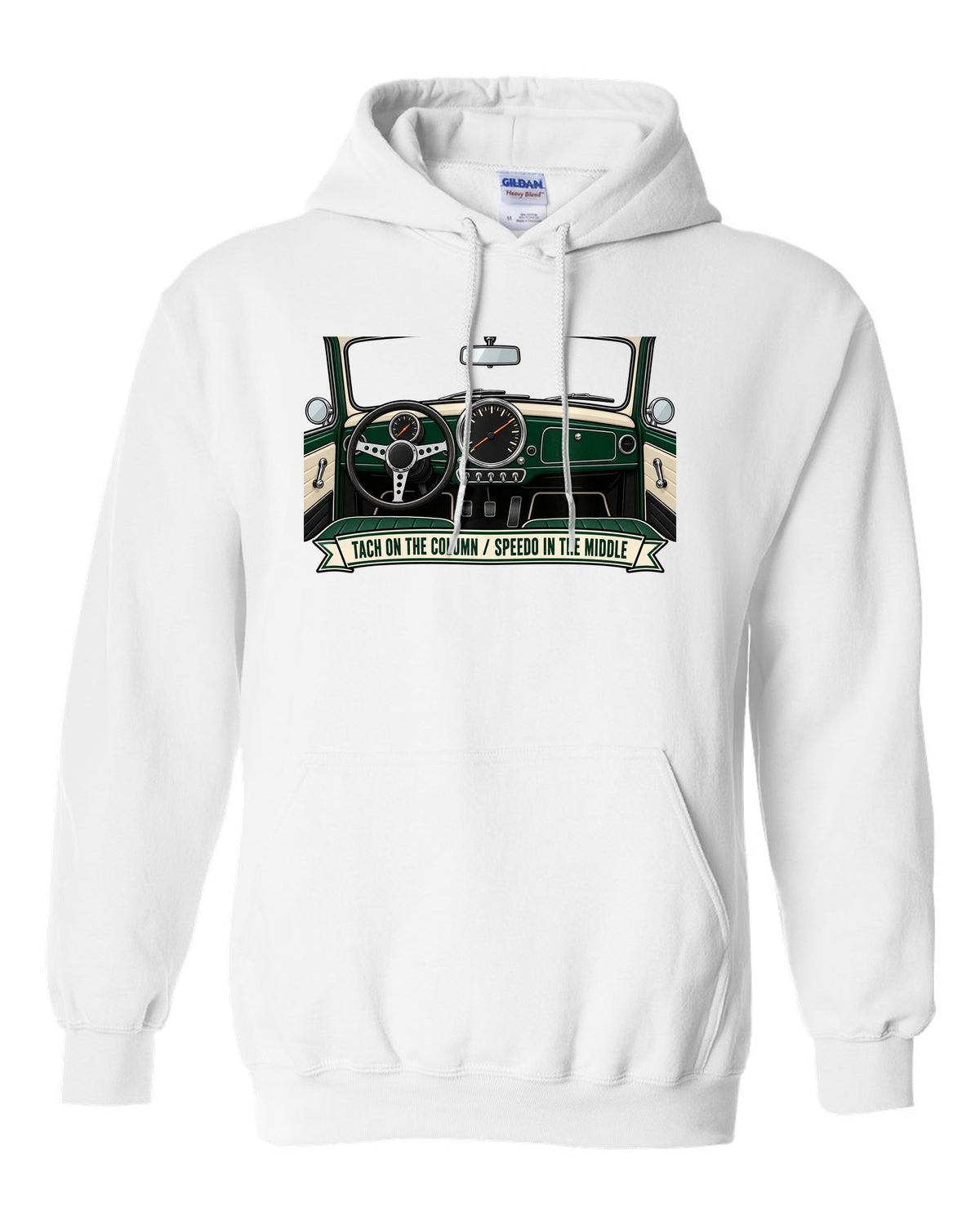Line art of the Mini Cooper S R53 gauge cluster with column tach and central speedometer white pull over hoodie front view with the design