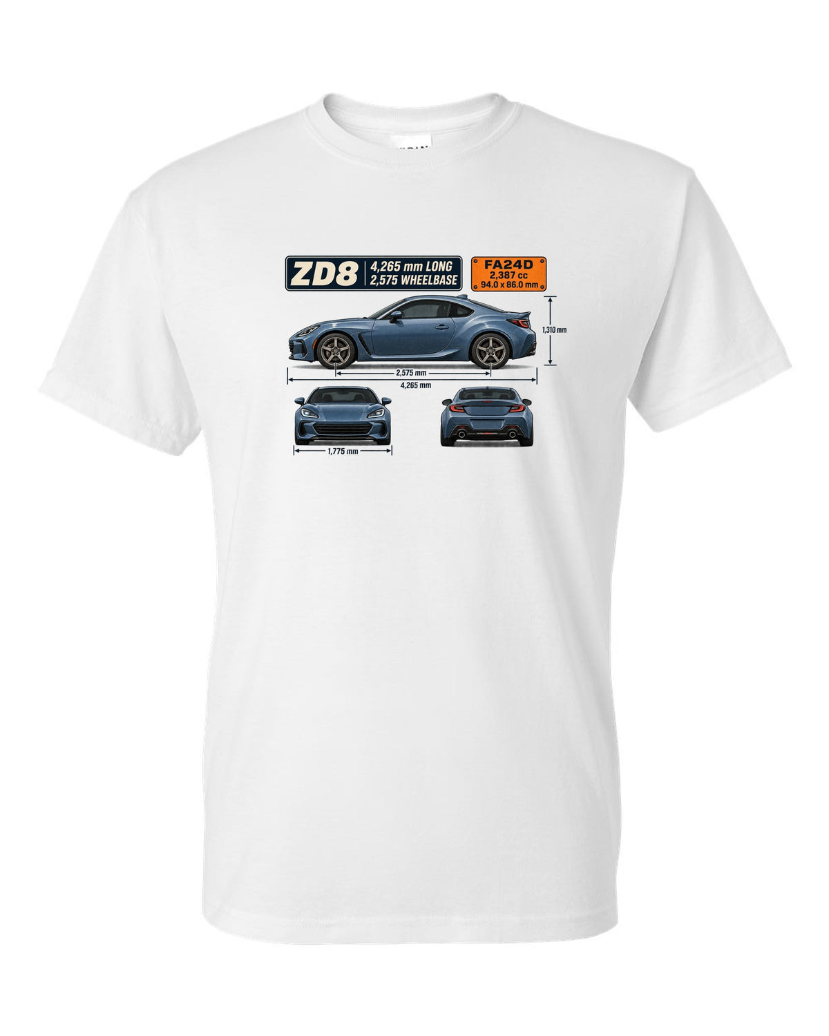 Blueprint-style dimension drawing of a Subaru BRZ ZD8 with length and wheelbase callouts white t-shirt front view with the design
