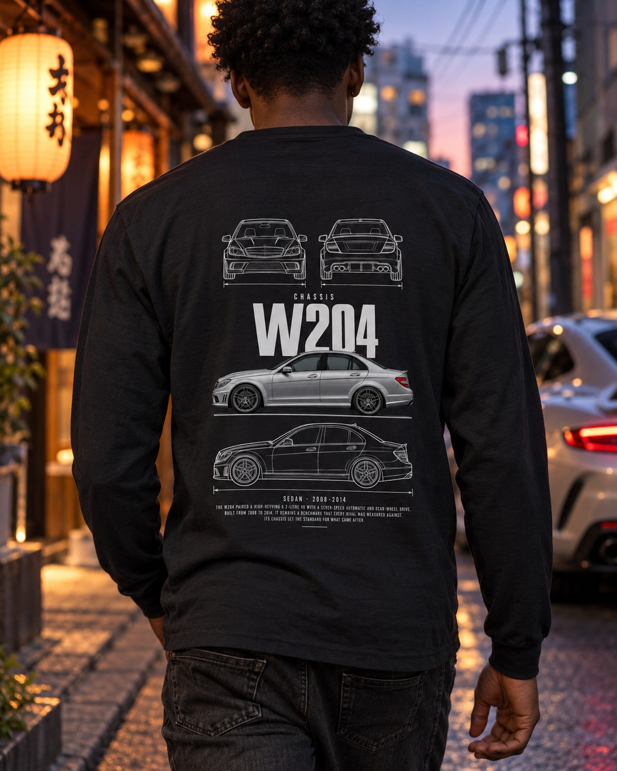Mercedes C63 AMG (W204) sedan Blueprint Full-Back Graphic Tee, W204 Chassis Code Long Sleeve Black worn hero