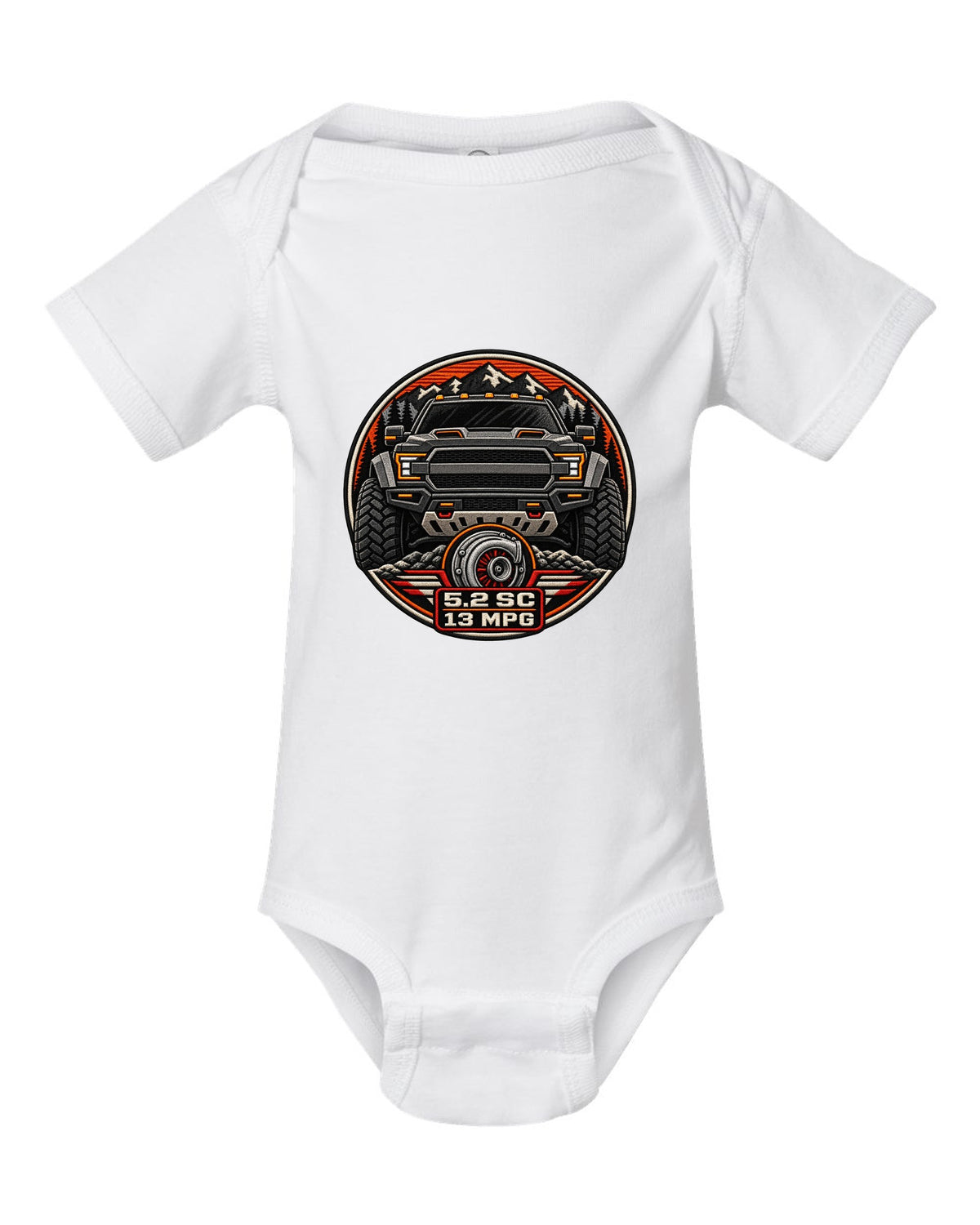 Varsity badge crest print of the Ford F-150 Raptor R P702 with 5.2 SC and 13 MPG text white baby onesie front view with the design