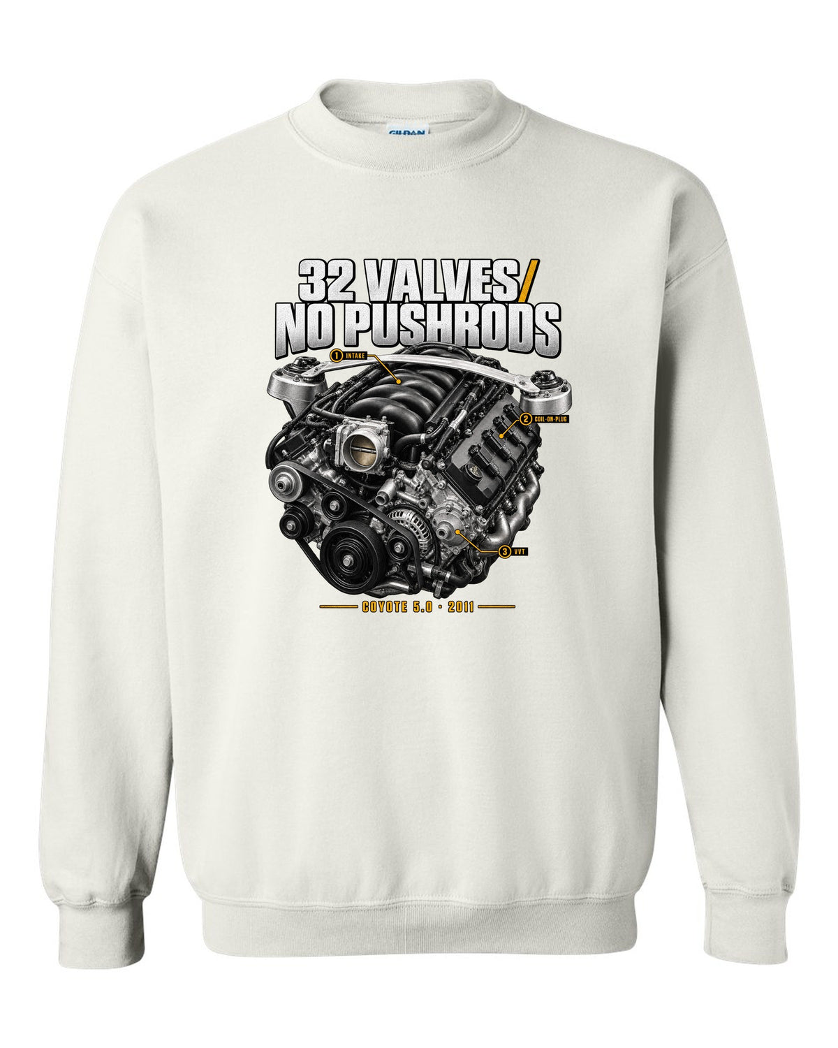 print of a Ford Mustang S197 GT 5.0 Coyote engine bay with callouts white crewneck front view with the design