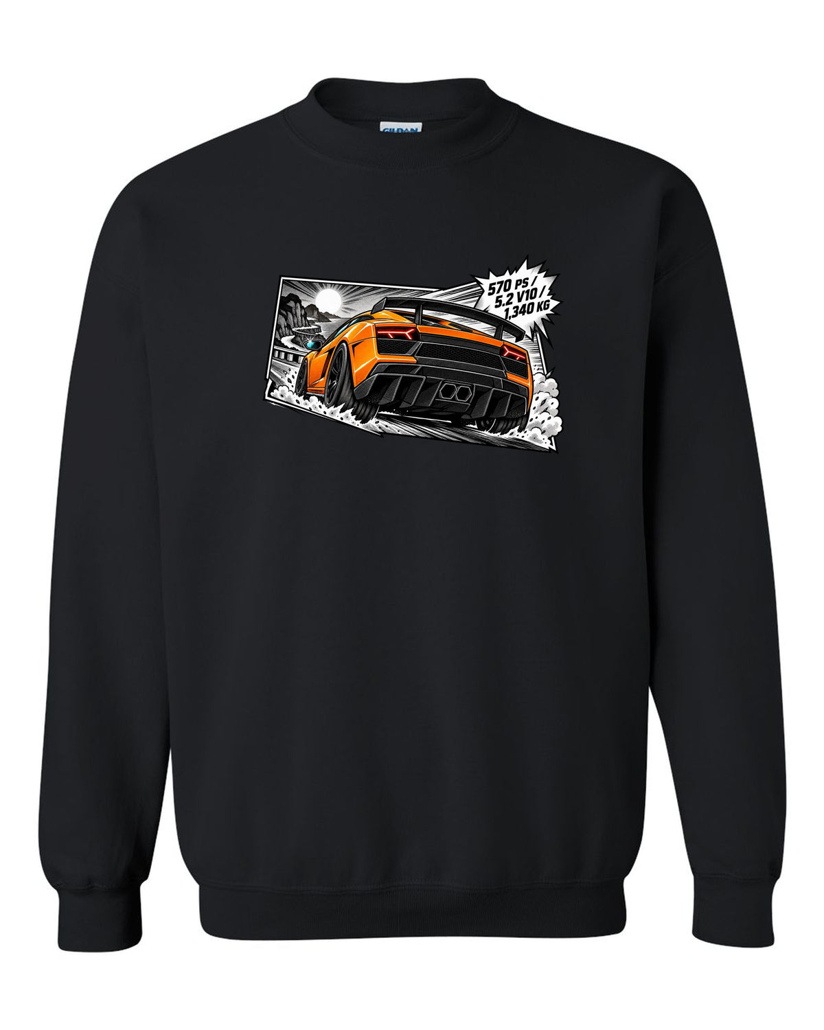 Retro manga halftone panel of a Lamborghini Gallardo LP570-4 Superleggera with spec text black crewneck front view with the design