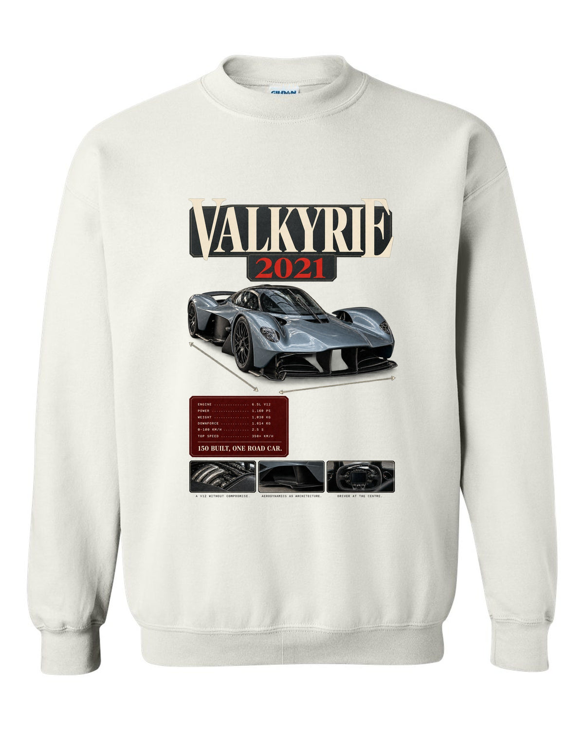 Aston Martin Valkyrie 2021 archive panel print with 150 built one road car text white crewneck front view with the design