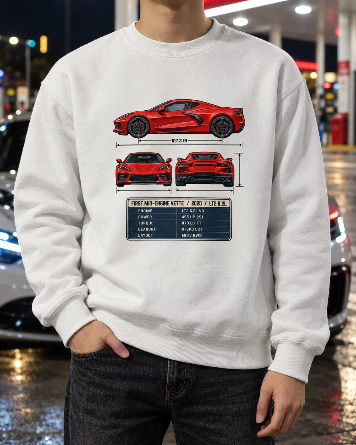 Chevrolet Corvette C8 Stingray Three-View Spec Table Tee Crewneck White worn hero