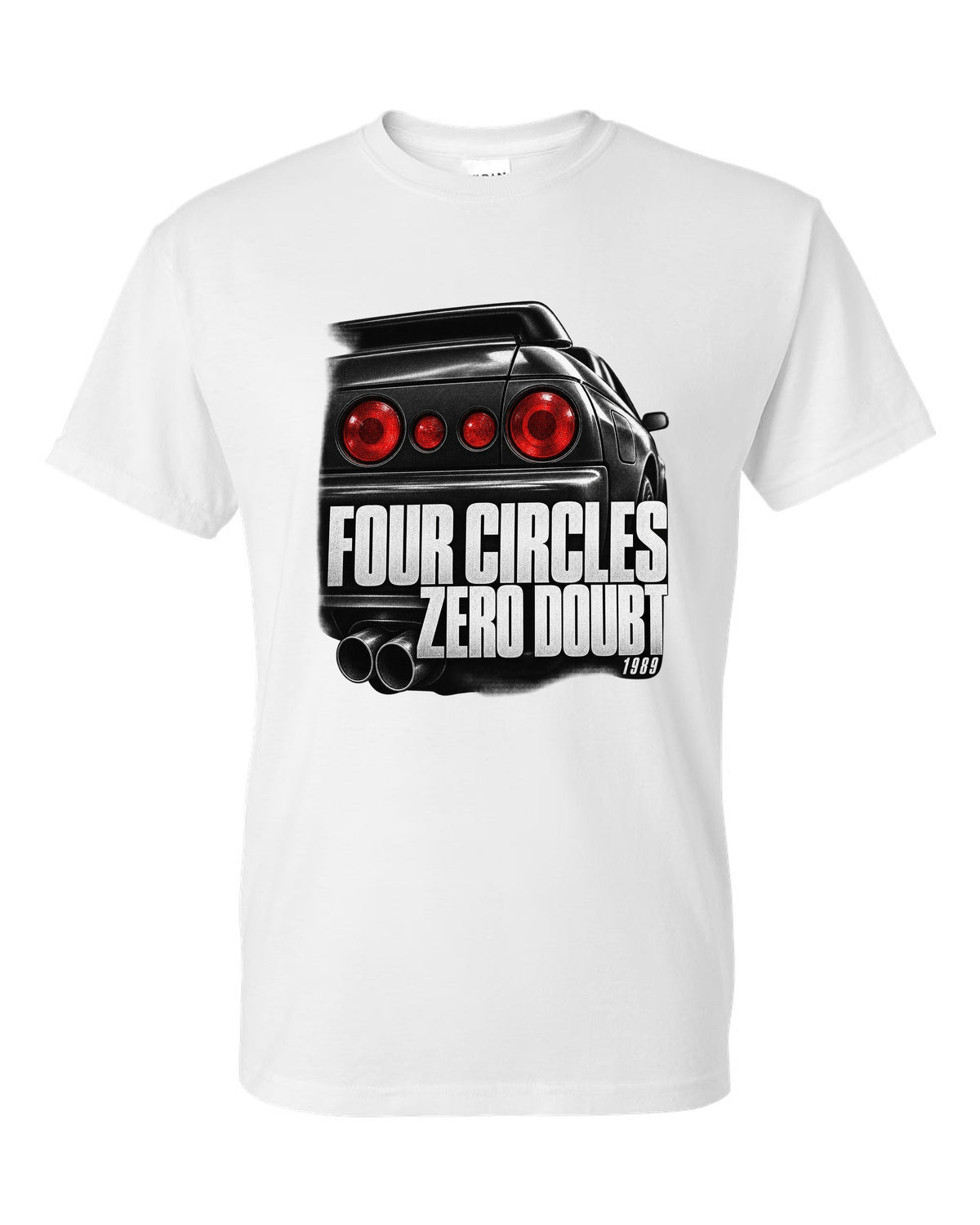 Close-up macro of the round taillights on a Nissan Skyline GT-R R32 with four circles lettering white t-shirt front view with the design