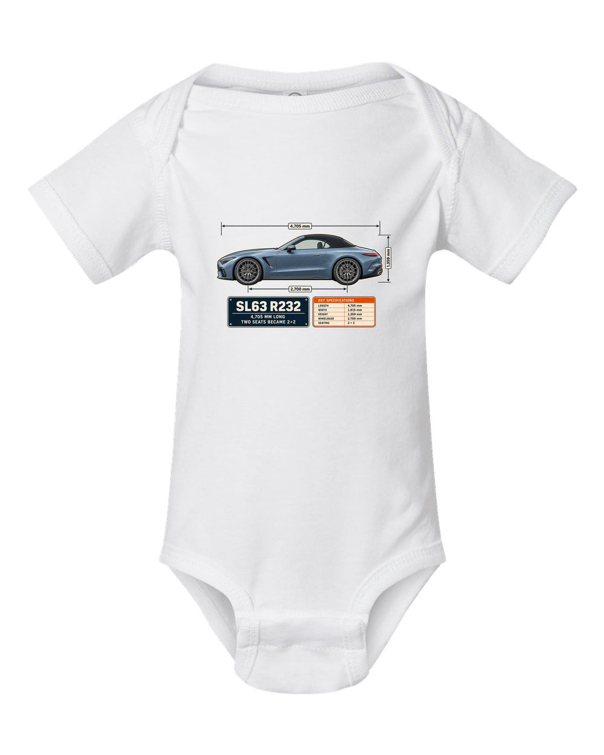 Mercedes-AMG SL63 R232 Dimension Blueprint white baby onesie front view with the design