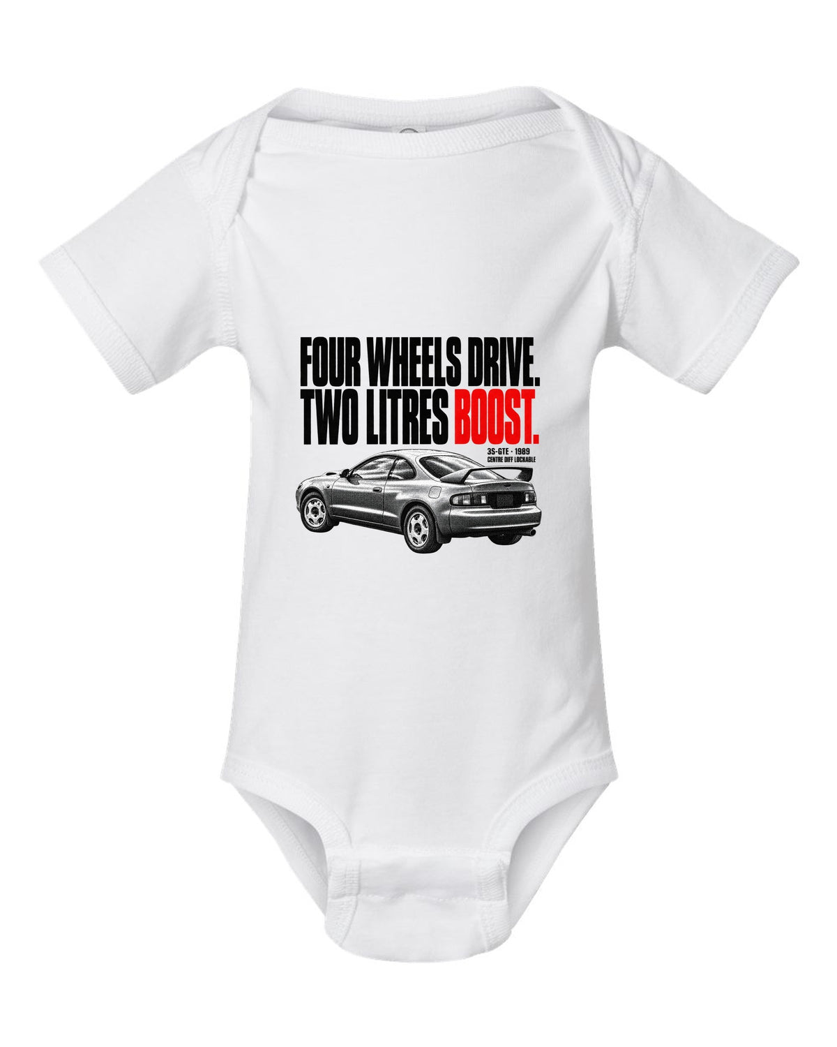 Halftone print of a Toyota Celica GT-Four ST185 with 3S-GTE and centre diff text white baby onesie front view with the design