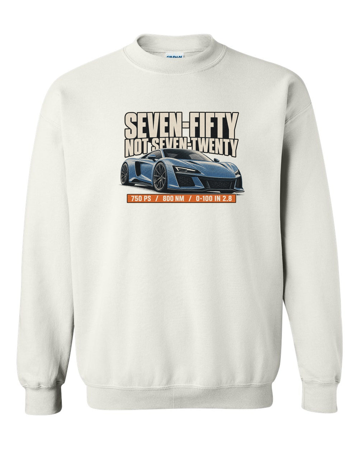 Halftone print of a McLaren 750S with the text seven-fifty not seven-twenty white crewneck front view with the design