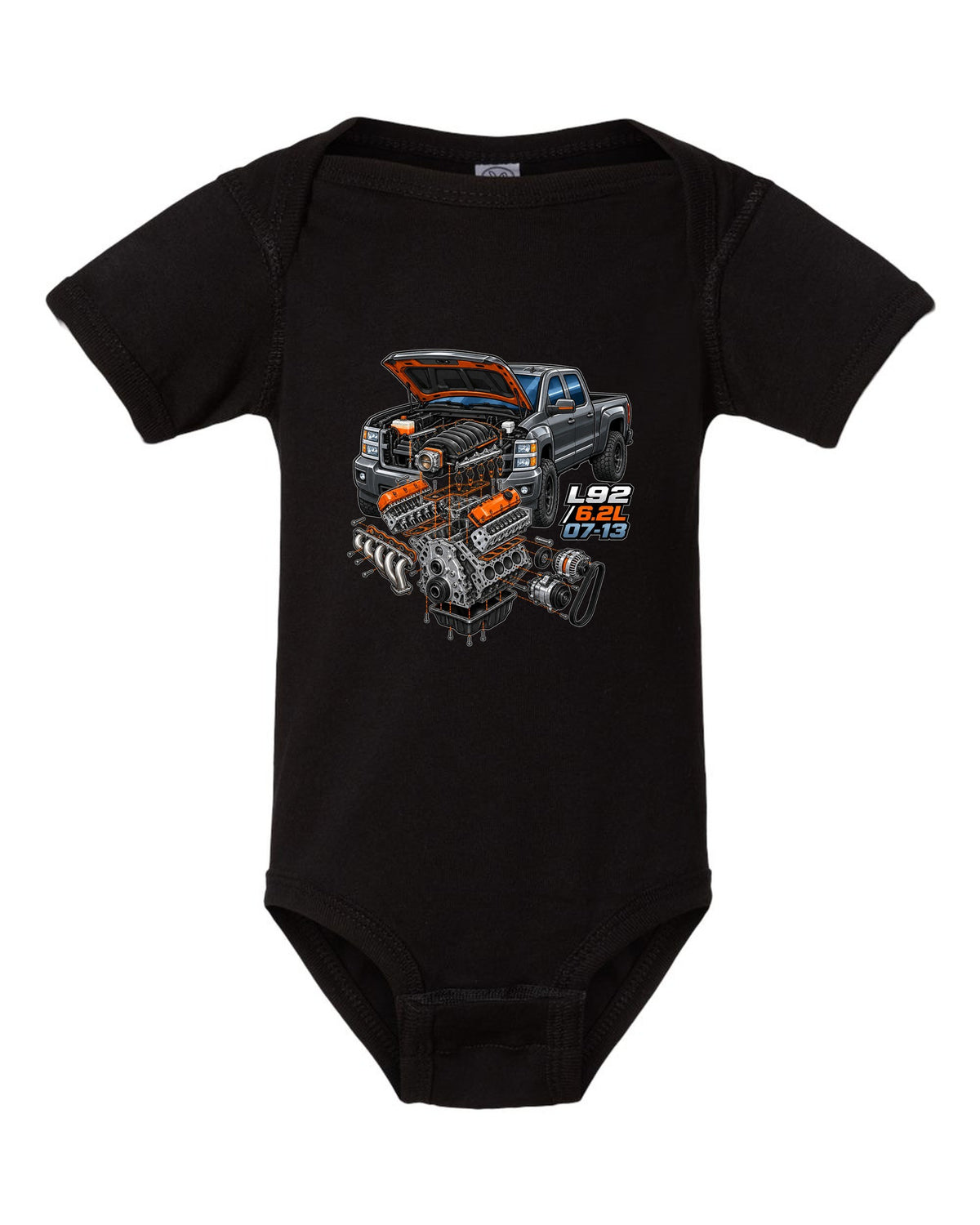 Isometric exploded engine cutaway print for a 2007-2013 Chevrolet Silverado GMT900 with L92 6.2L text black baby onesie front view with the design