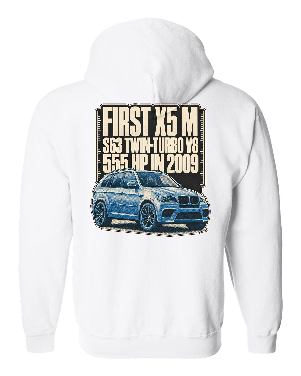BMW X5 M E70 halftone print on a tee white zip hoodie back view with the design
