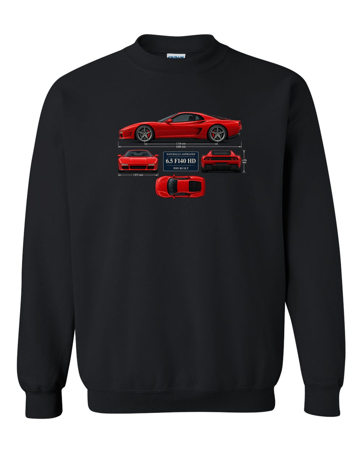 Ferrari 812 Competizione dimension blueprint print with 6.5 F140 HD, 999 built black crewneck front view with the design