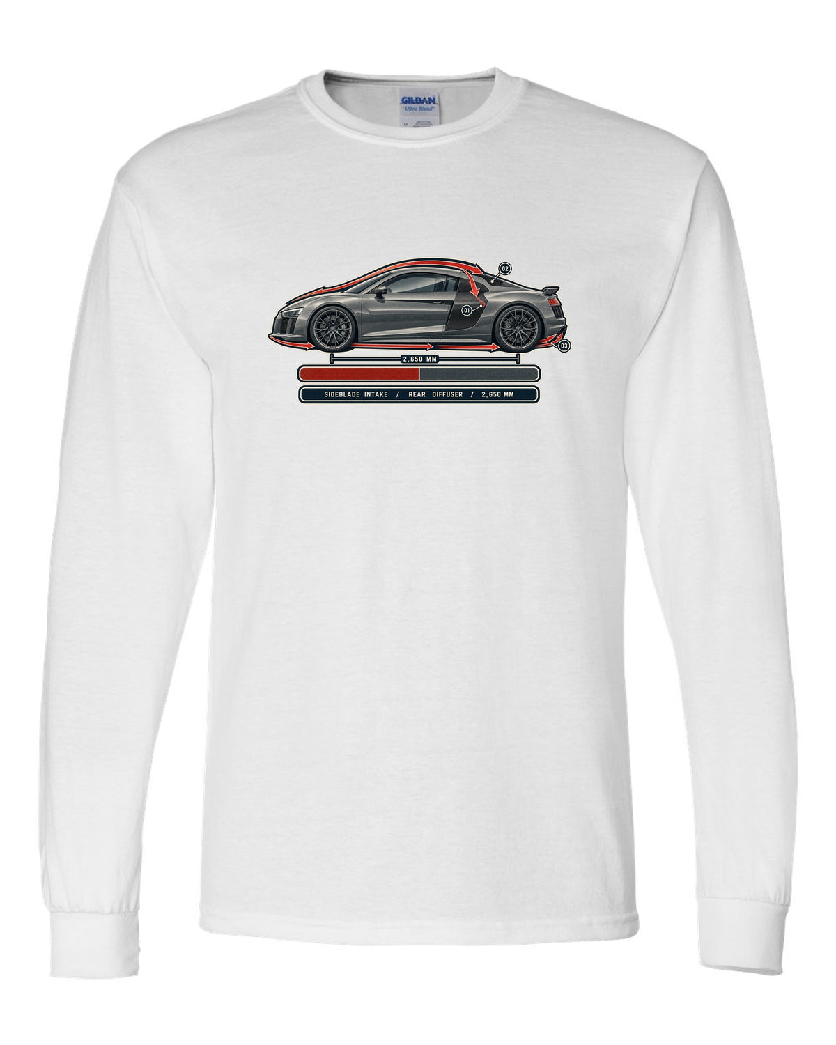 Audi R8 V10 plus Type 4S airflow cutaway with sideblade and diffuser callouts white long sleeve front view with the design