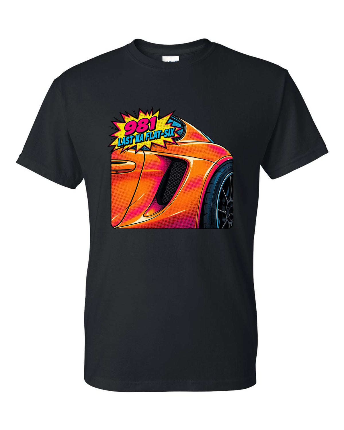 Pop-art halftone print of a Porsche 981 Cayman GTS intake with the text 981, last NA flat-six black t-shirt front view with the design