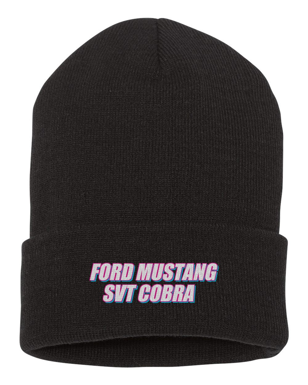 Ford Mustang Svt Cobra black beanie front view with car name