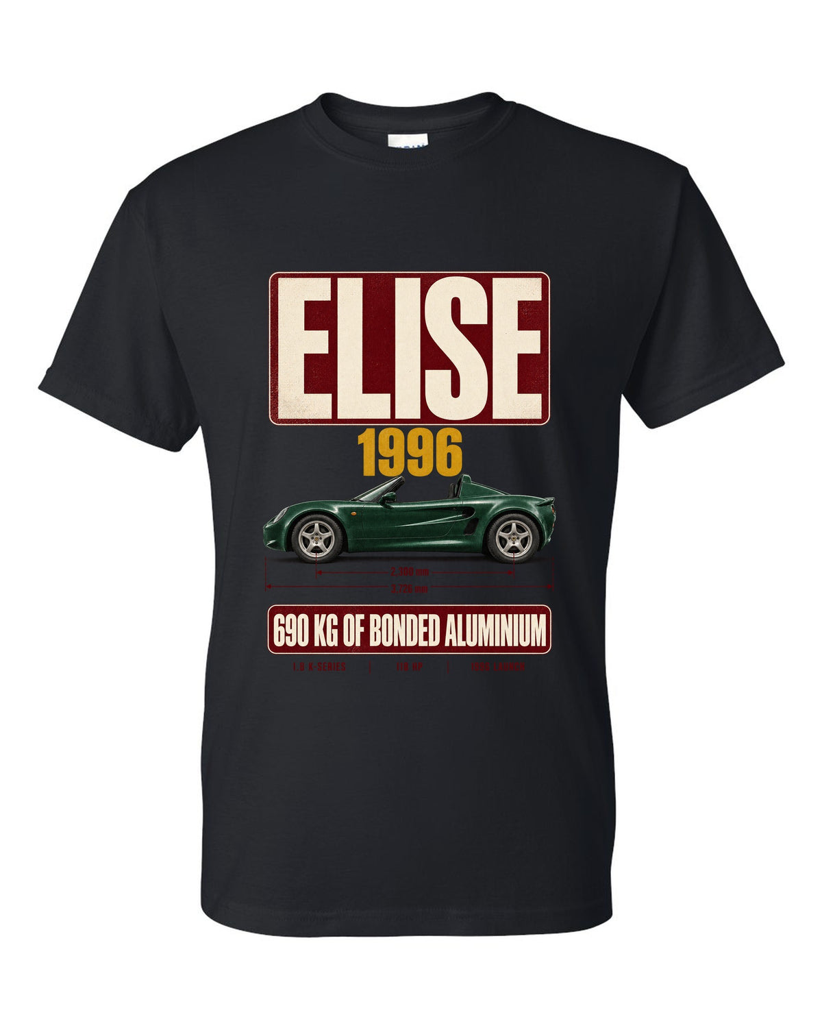 Lotus Elise Series 1 open roadster archive panel print with 1996 and 690 kg bonded aluminium text black t-shirt front view with the design