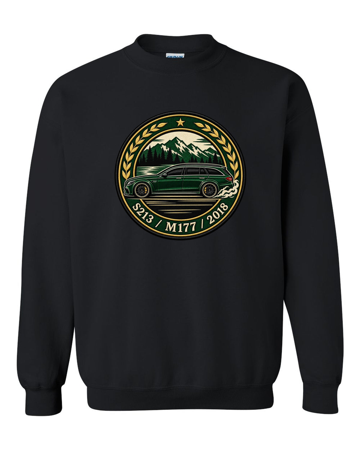 Embroidery-style varsity crest of a Mercedes E63 AMG Wagon S213 with M177 black crewneck front view with the design