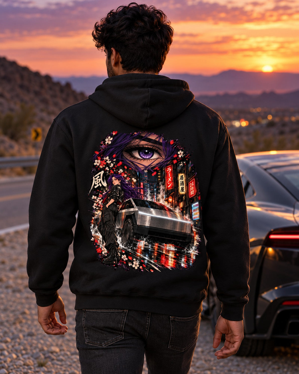 Tesla Cybertruck Anime Girl Shirt, Hoodie & More Pull Over Hoodie Black worn hero