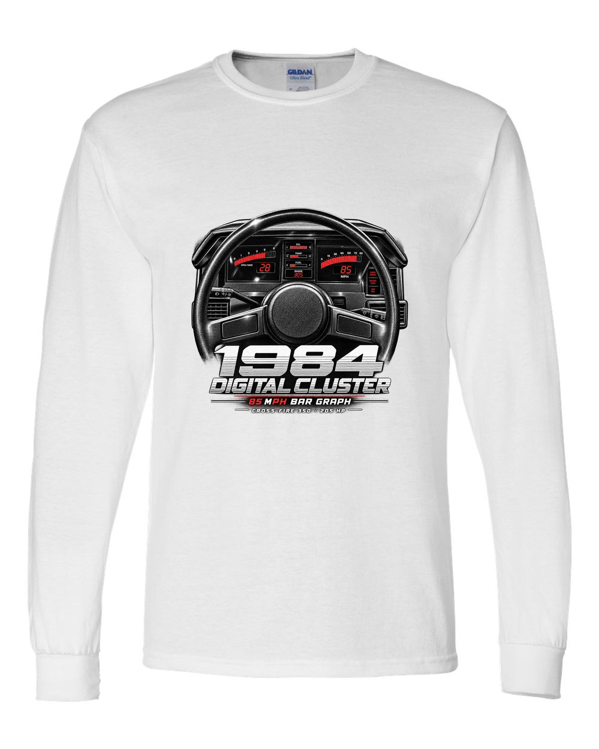 Chevrolet Corvette C4 1984 digital dash cluster cockpit print white long sleeve front view with the design