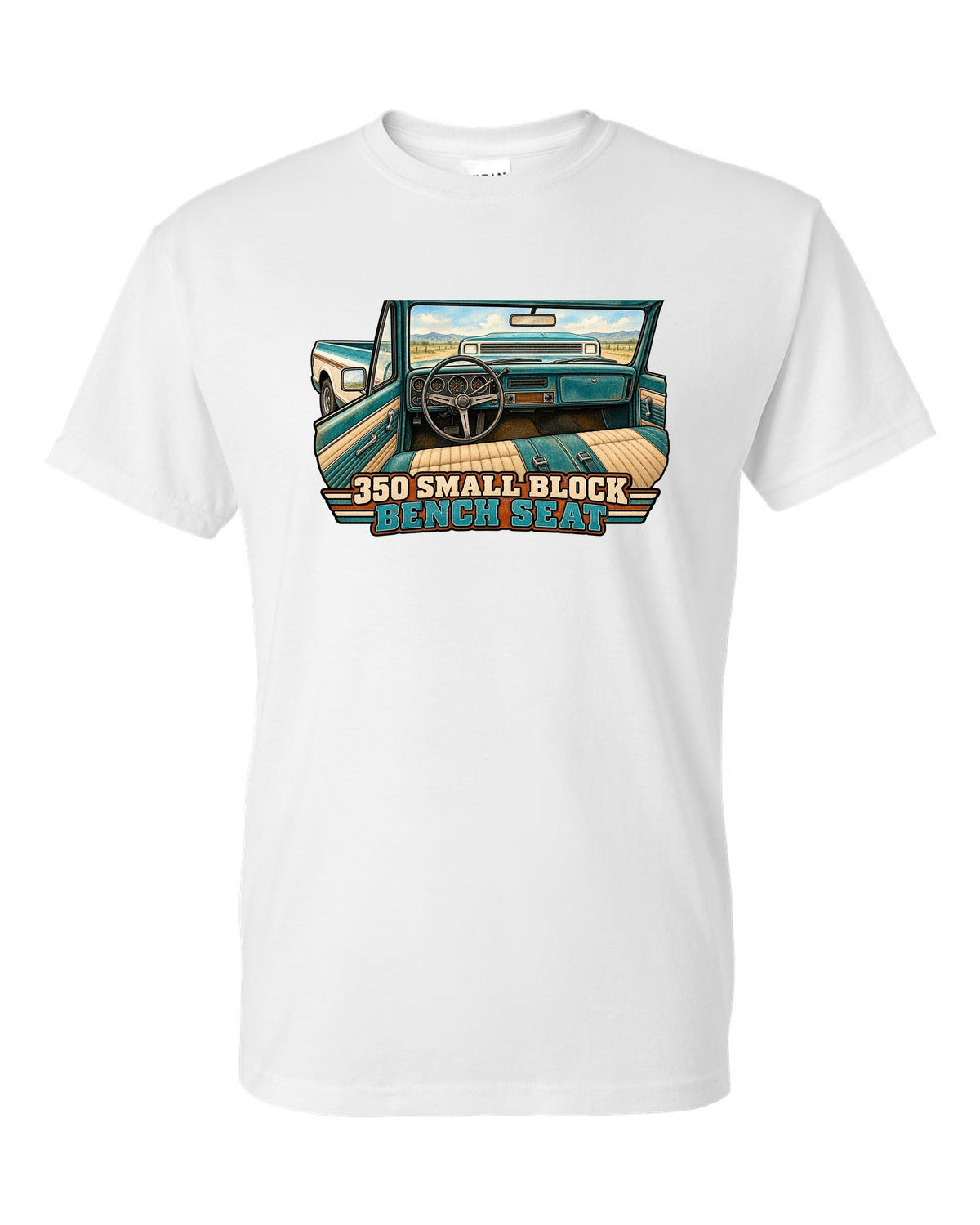 Watercolour wash print of a 1971 Chevrolet C10 Cheyenne with 350 Small Block and Bench Seat text white t-shirt front view with the design