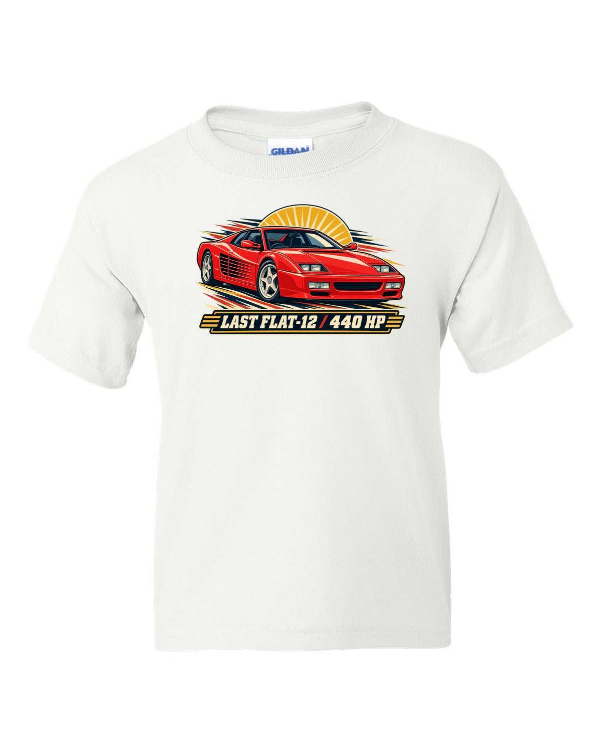 Retro race programme illustration print of the Ferrari F512 M with the text last flat-12, 440 HP white kids tee front view with the design