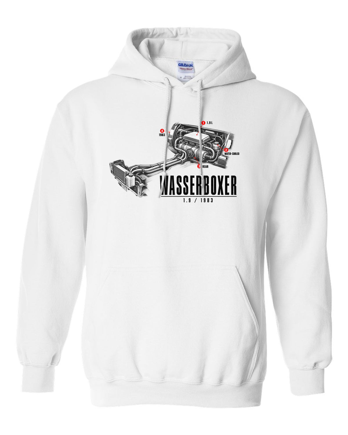 Engine hero print of the VW T3 Wasserboxer 1.9 water-cooled boxer engine with 1983 text white pull over hoodie front view with the design