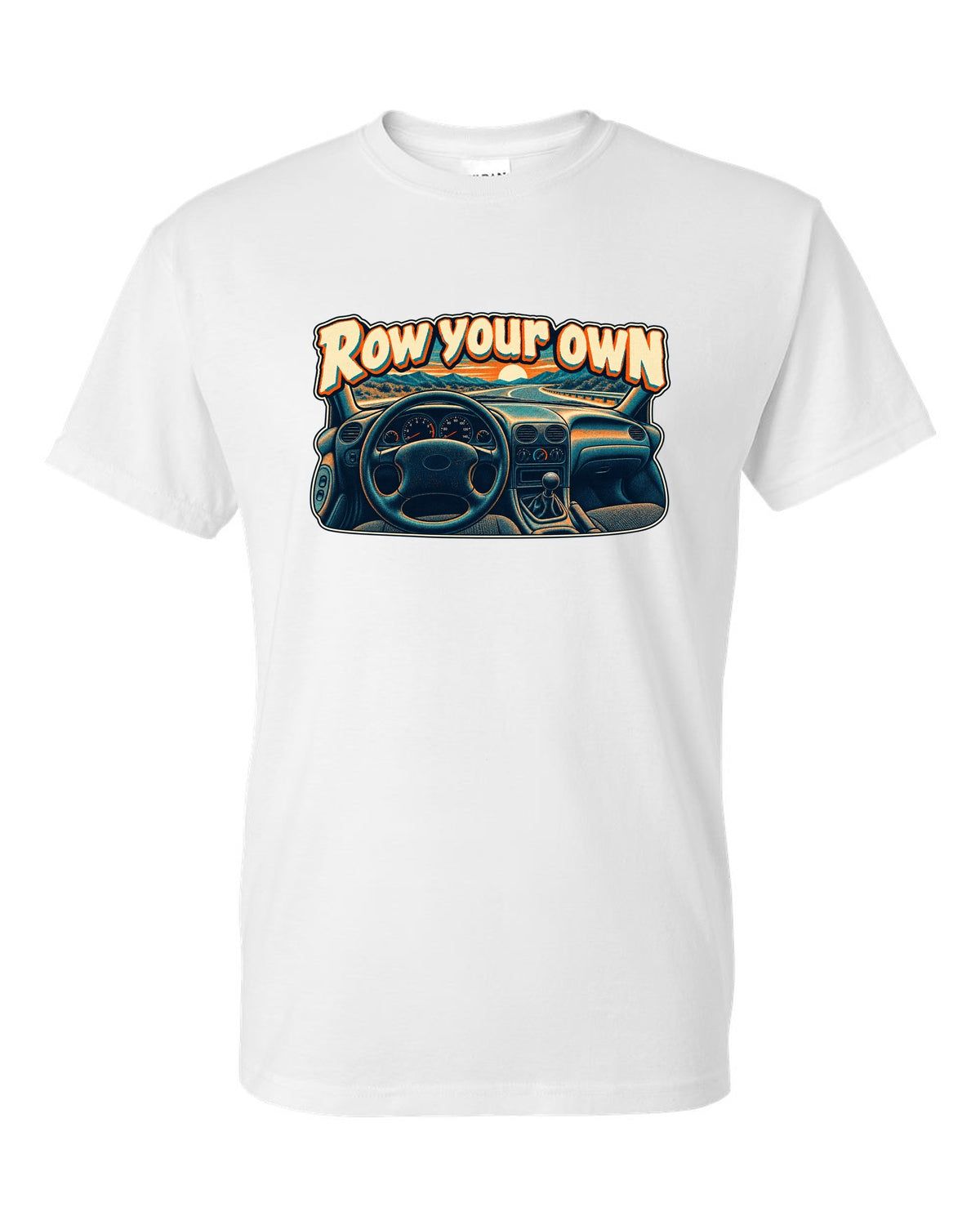 Risograph halftone Ford Mustang SN95 with the words Row your own white t-shirt front view with the design