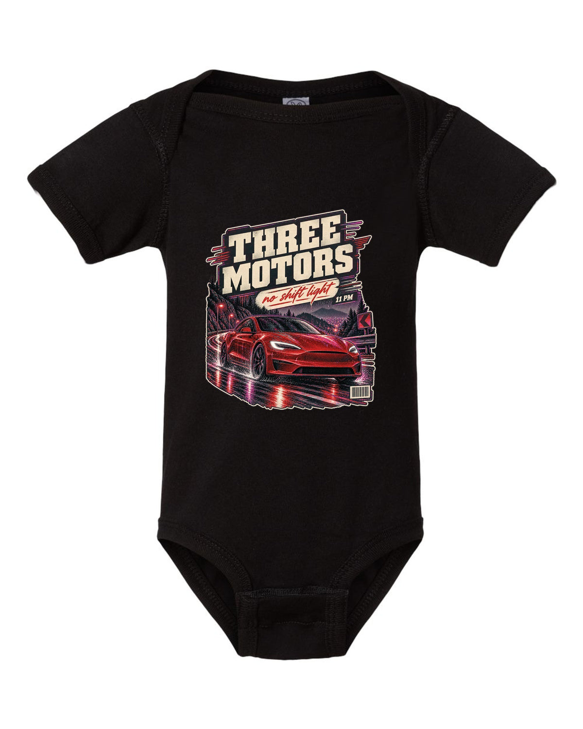 Night street print of a Tesla Model S Plaid on a wet road black baby onesie front view with the design