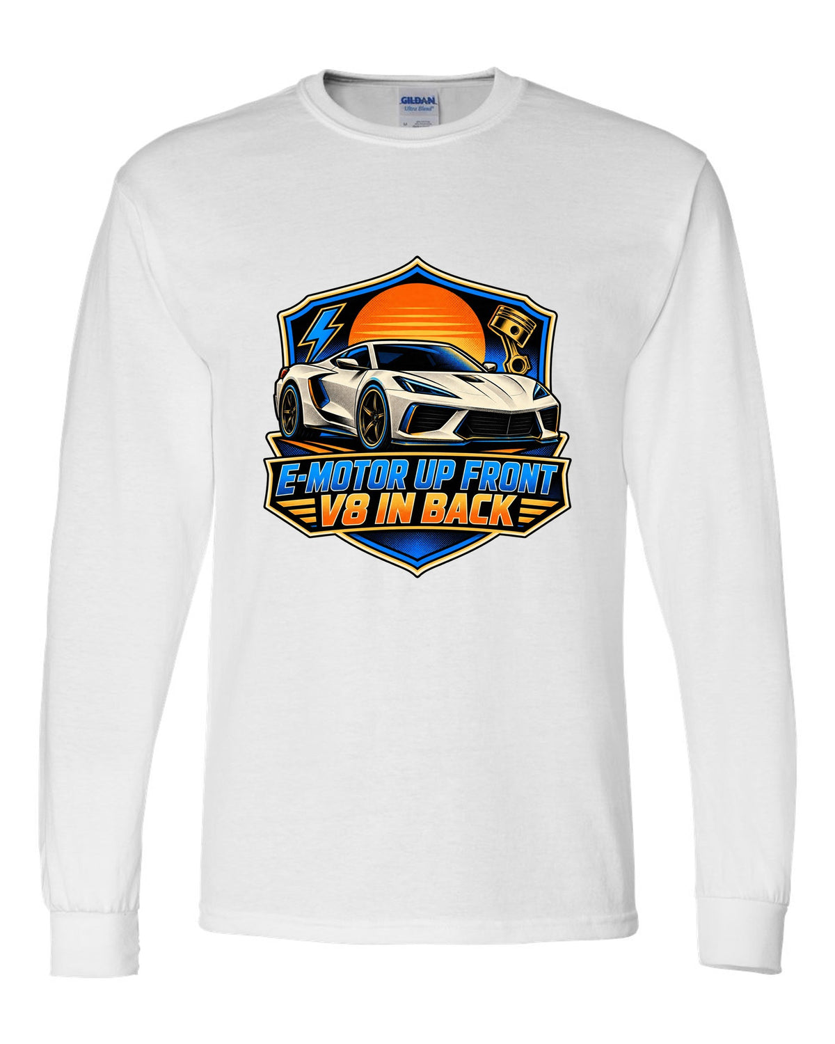 Comic halftone panel of a 2020 C8 Corvette Stingray with e-motor and V8 lettering white long sleeve front view with the design