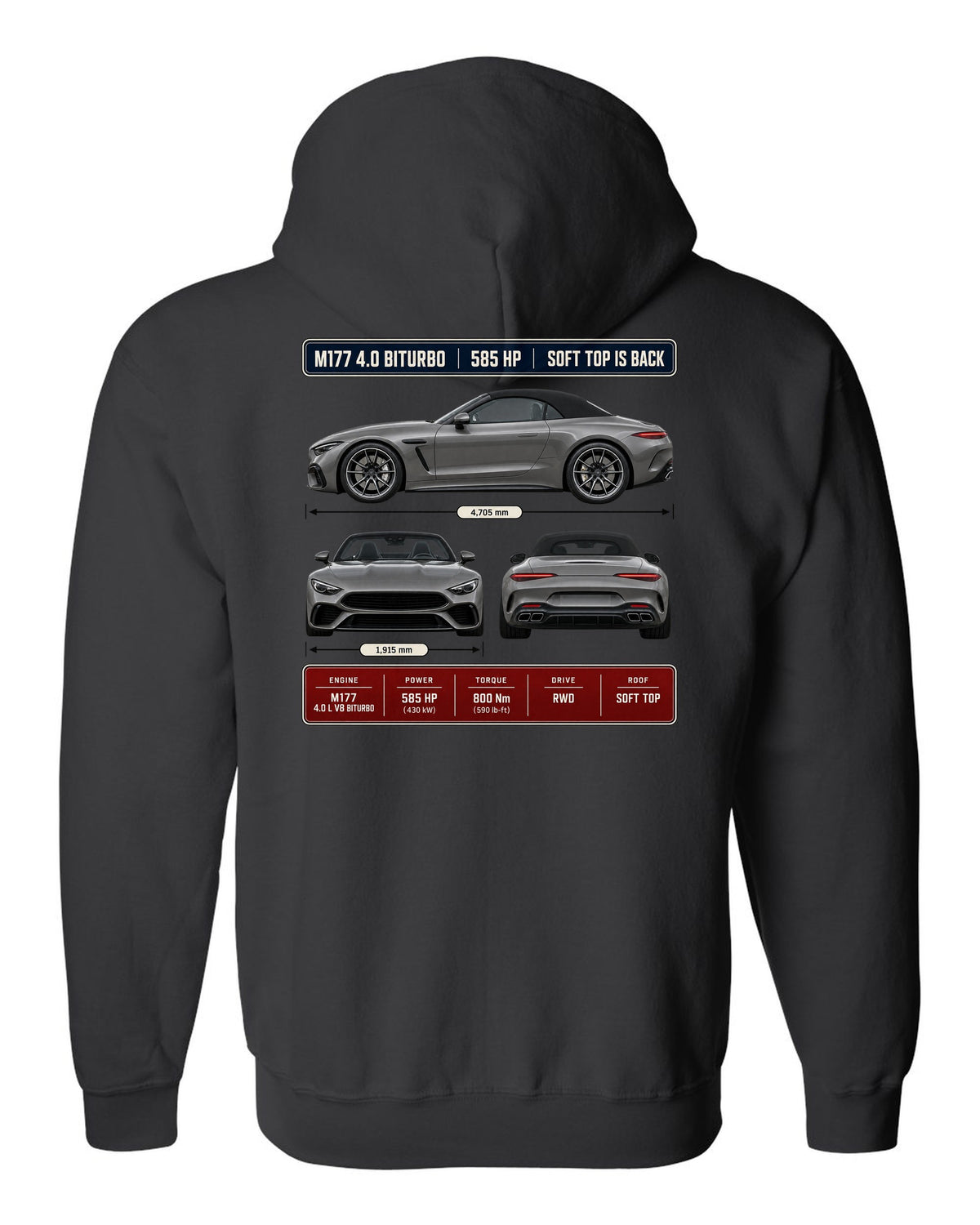 Mercedes-AMG SL63 R232 Three-View Spec black zip hoodie back view with the design