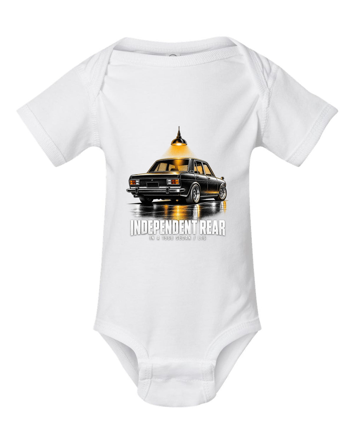 print of a 1968 Datsun 510 PL510 sedan from the rear three-quarter in a night garage white baby onesie front view with the design