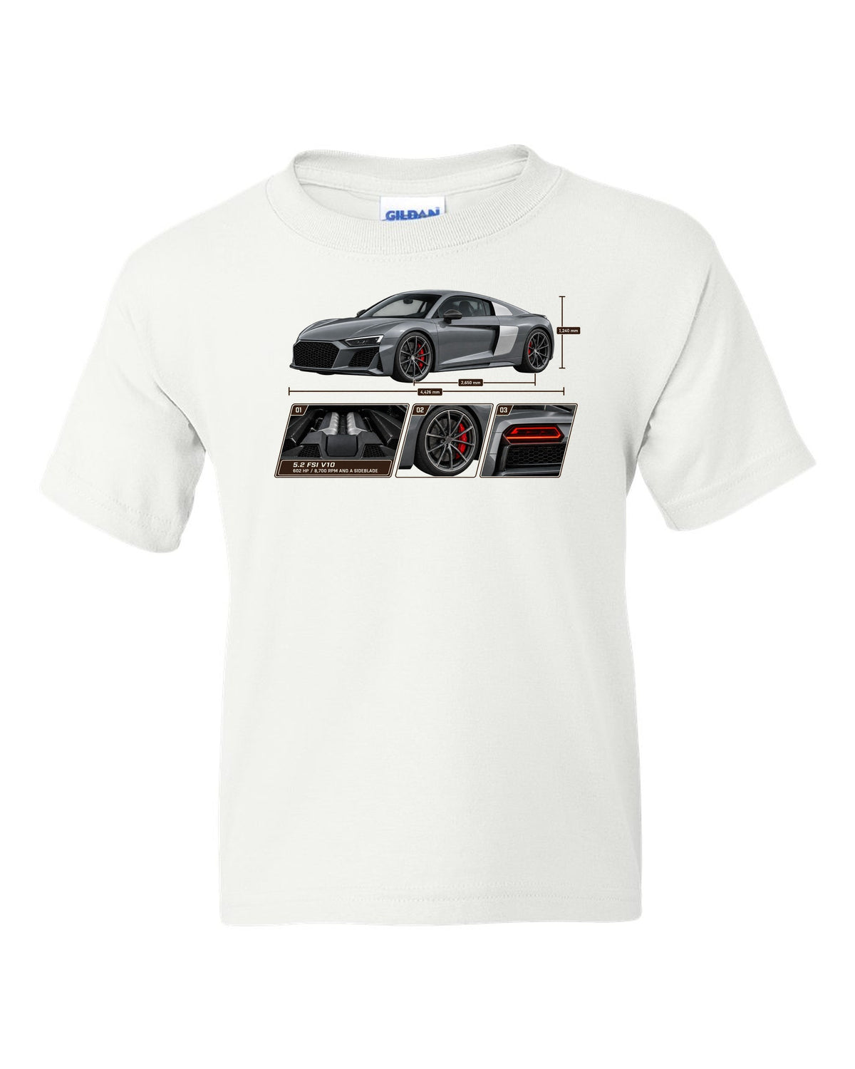 Dossier panel print of a Nardo grey Audi R8 V10 Performance white kids tee front view with the design