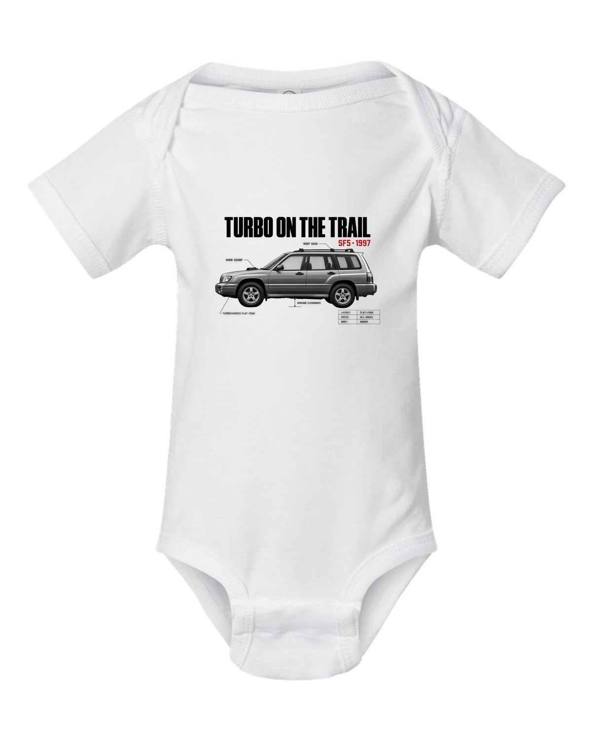 Spec poster print for the Subaru Forester SF5 reading Turbo on the Trail with hood scoop and roof rack details white baby onesie front view with the design