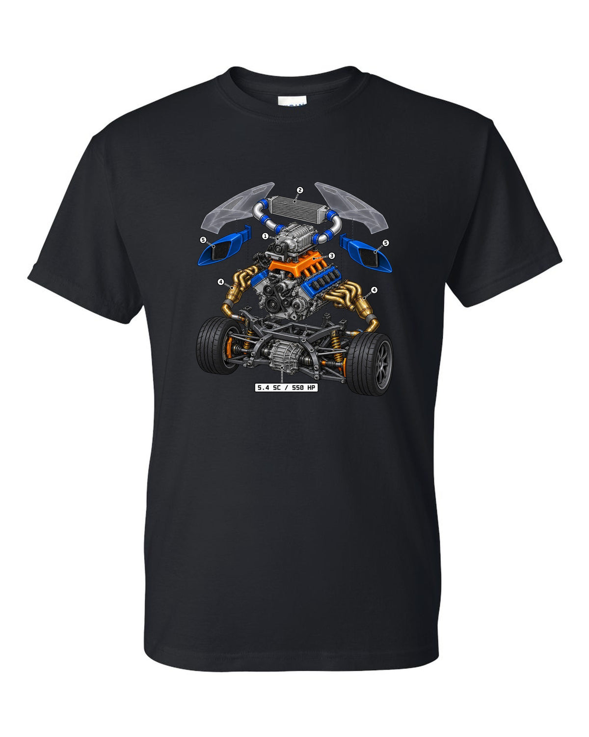 Ford GT 2005-2006 supercharged V8 in an isometric exploded view print black t-shirt front view with the design