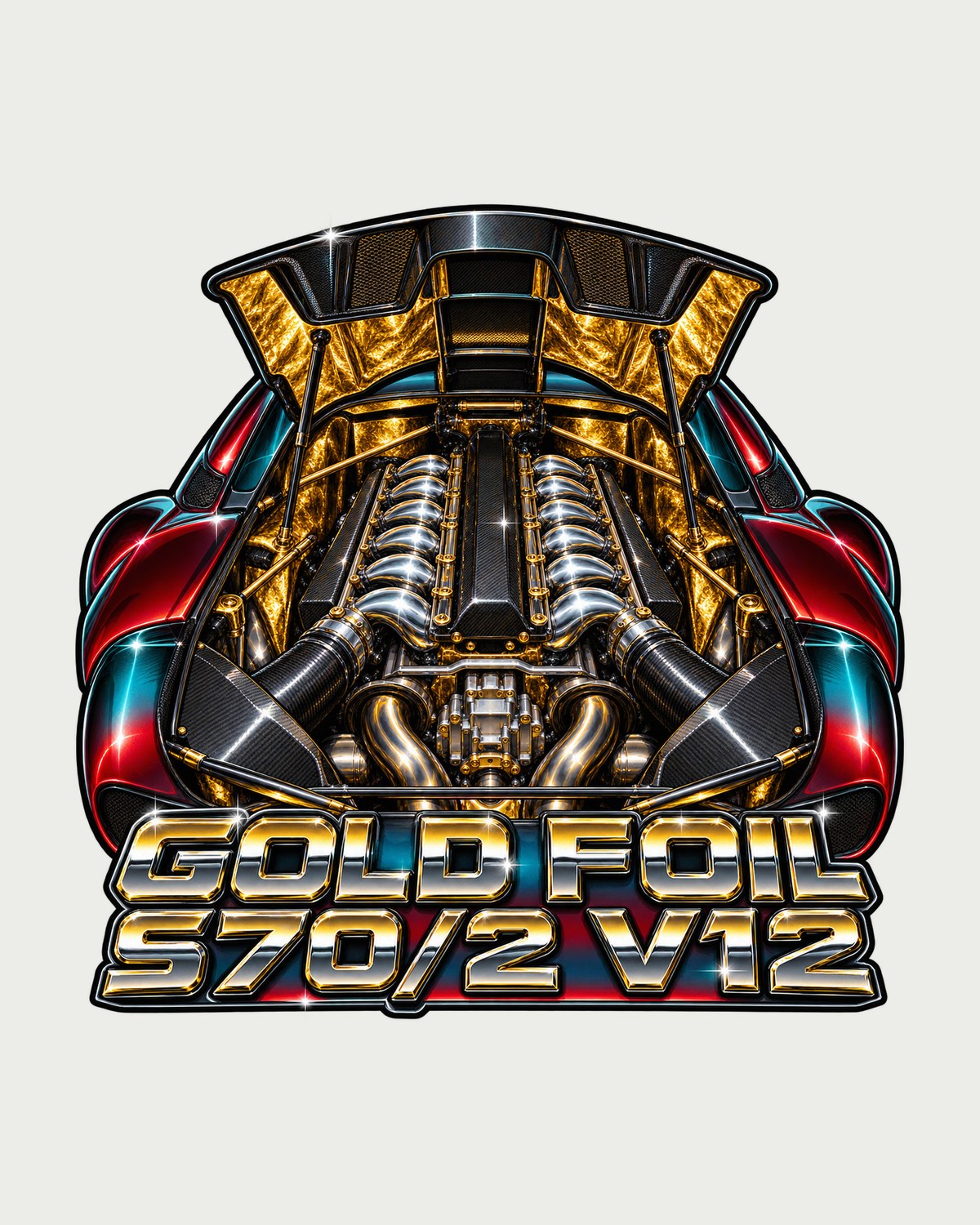 McLaren F1 Gold Foil Engine Bay Airbrush Chrome Tee design only
