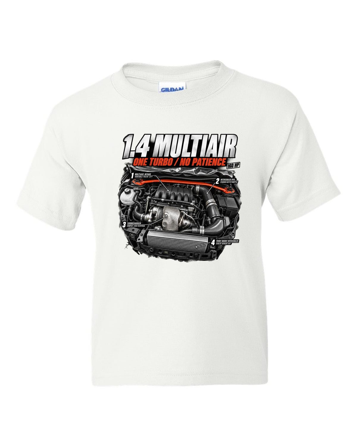 Engine hero print of the Fiat 500 Abarth 1.4 MultiAir turbo with 160 HP text white kids tee front view with the design