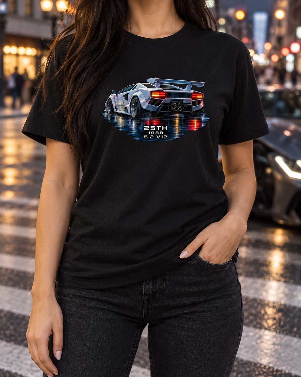 Countach 25th Anniversary Wet Road Watercolour Shirt, 5.2 V12 T-Shirt Black worn hero
