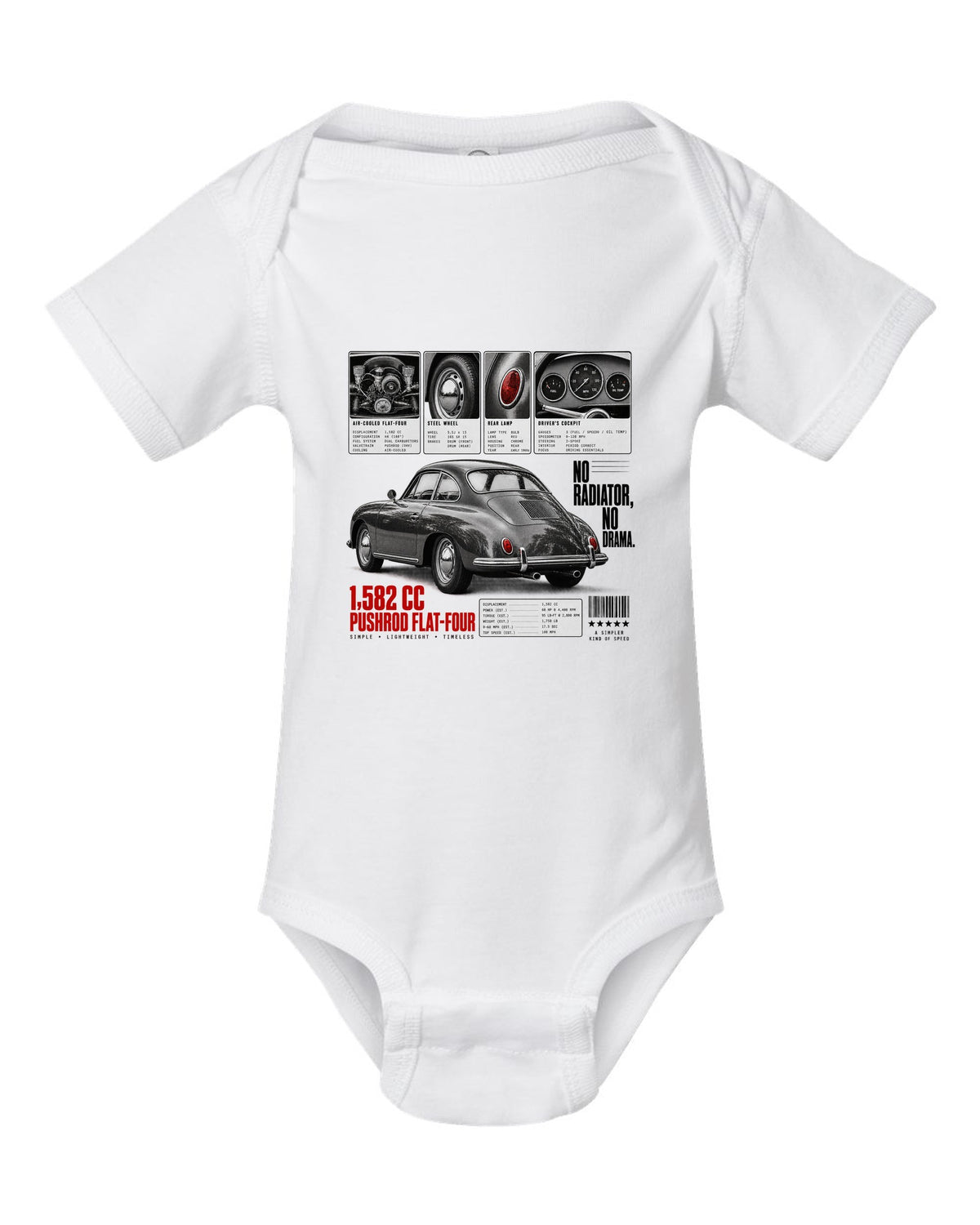 Dossier panel print of a Porsche 356 B coupe with 1,582 cc flat-four and no radiator text white baby onesie front view with the design