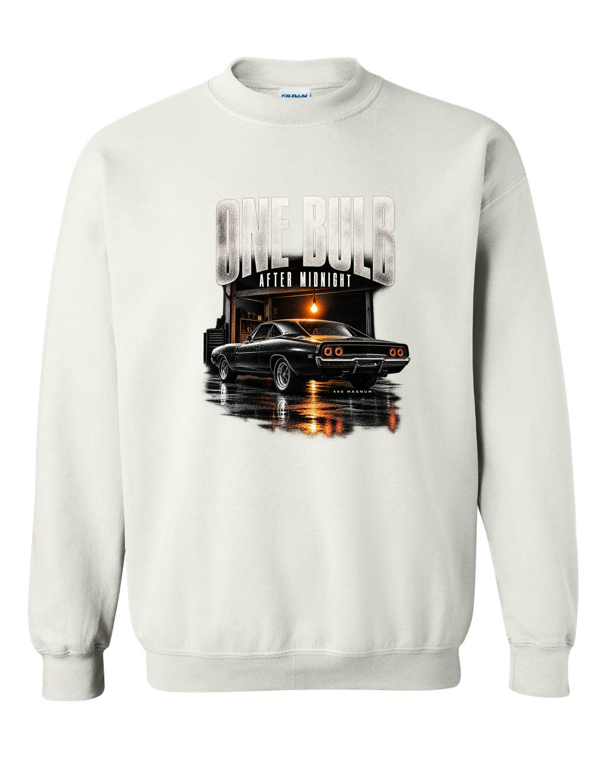 1969 Dodge Charger R/T B-body garage night print with one bulb after midnight lettering white crewneck front view with the design