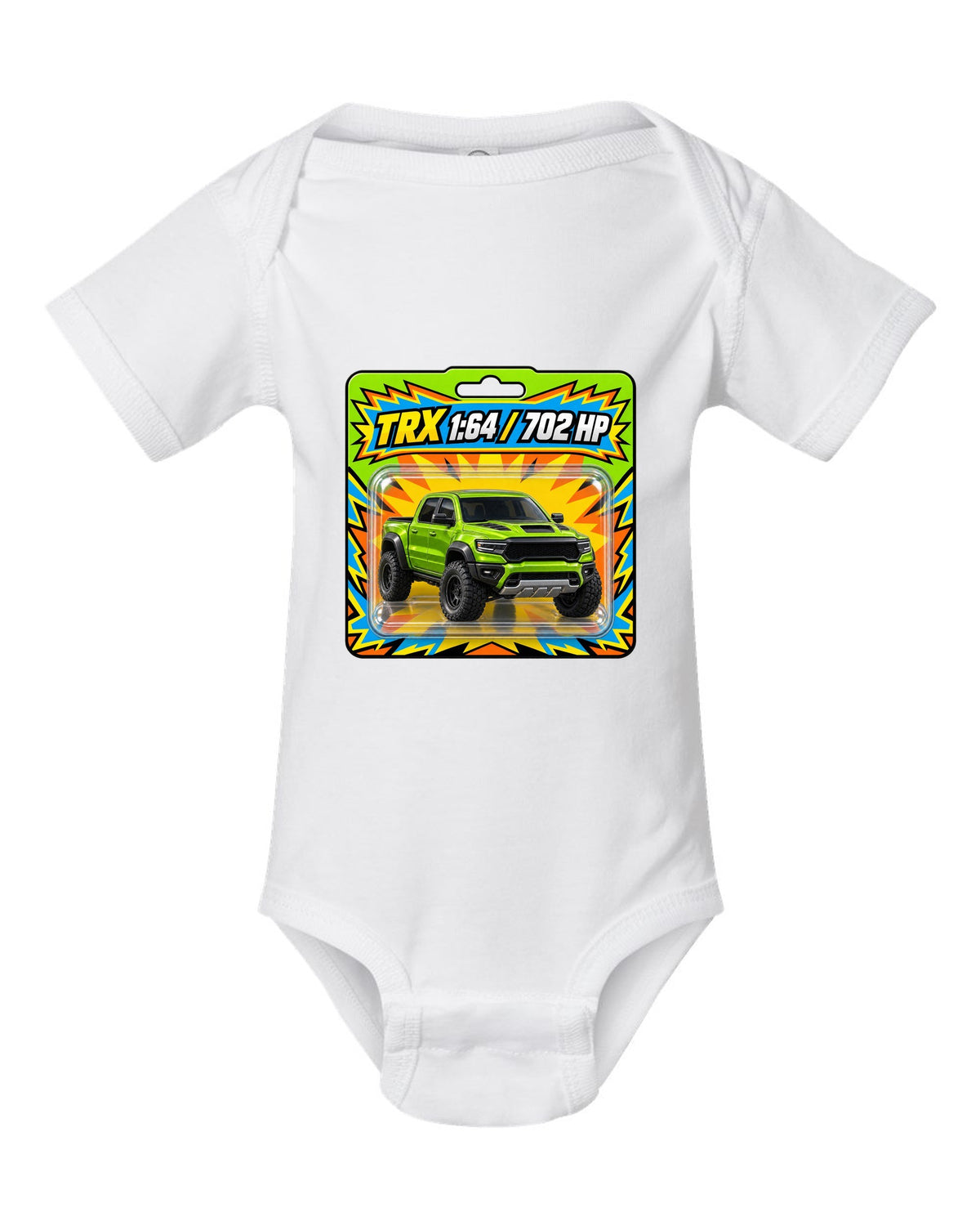 print of a 1:64 toy blister card featuring the Ram 1500 TRX with 702 HP white baby onesie front view with the design