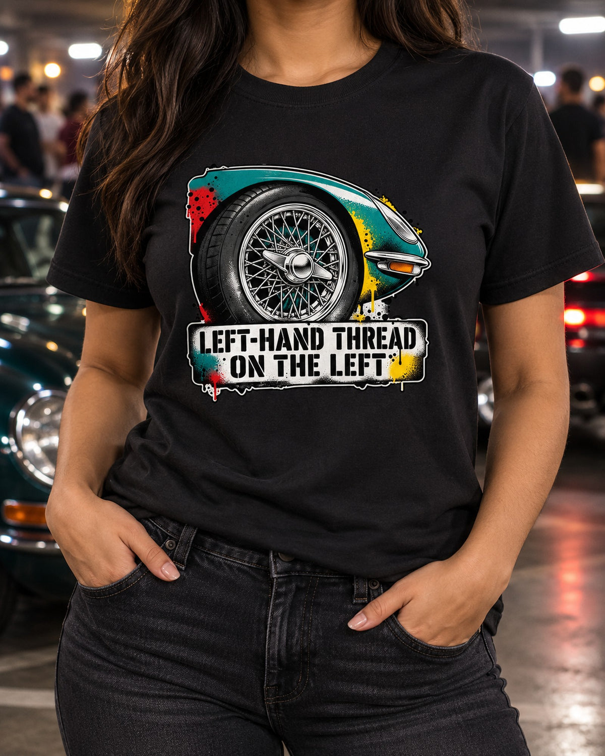Knock-Off Spray Shirt, Jaguar E-Type Series 1 Wheel Thread Tee T-Shirt Black worn hero