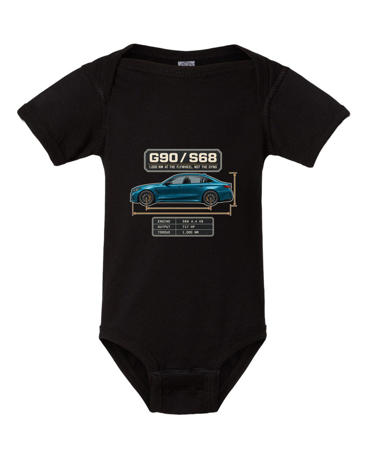BMW M5 G90 sedan dimension blueprint profile print on a tee black baby onesie front view with the design