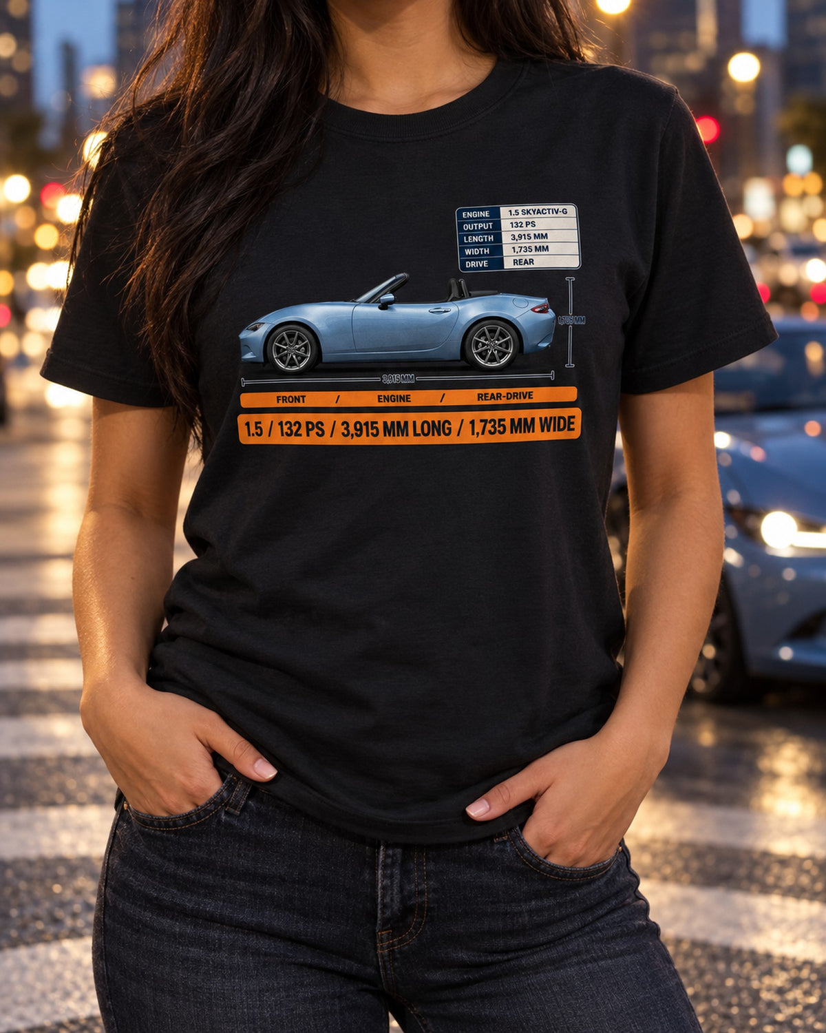 Mazda MX-5 ND 1.5 SKYACTIV-G 132 PS Spec Poster Tee T-Shirt Black worn hero