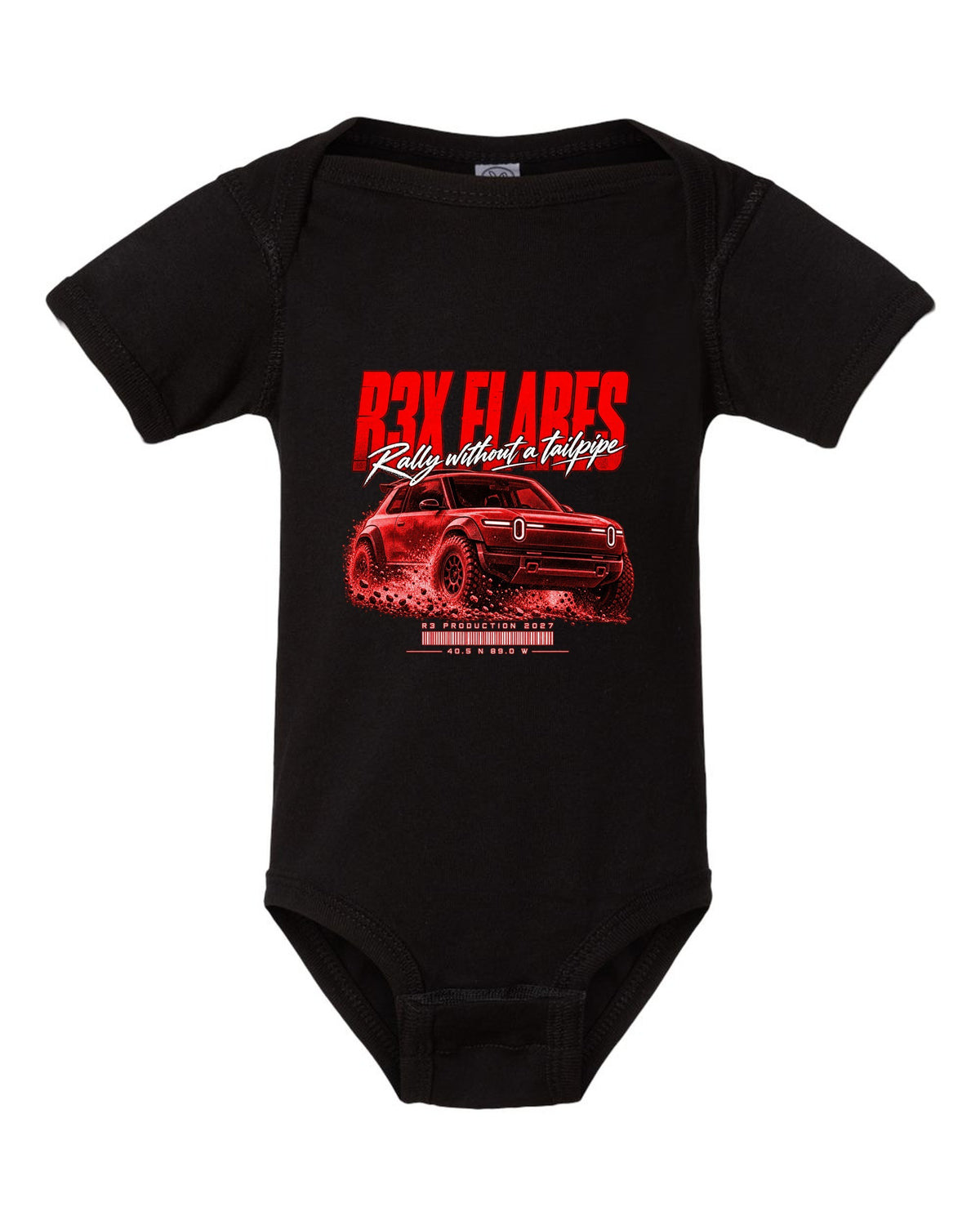 Rally street poster print of a 2027 Rivian R3X with flared arches black baby onesie front view with the design
