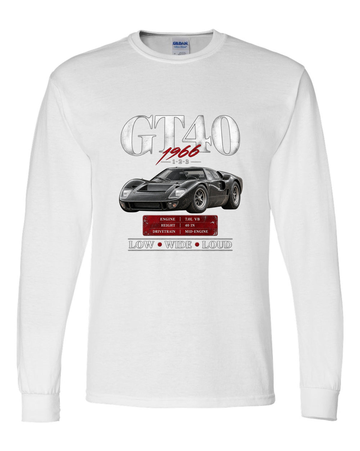 Archive panel print of a 1966 Ford GT40 Mk II with spec callouts white long sleeve front view with the design