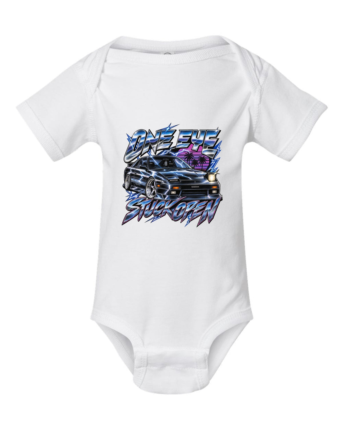 80s airbrush chrome print of a Nissan 180SX S13 ch with one eye stuck open text white baby onesie front view with the design